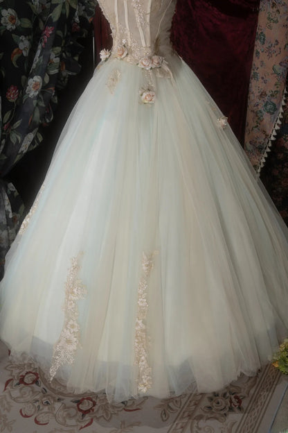 Elegant Ball Gown Spaghetti Straps Champagne Blue Tulle With Flowers Long Quince Dress Quinceanera Dresses Formal Birthday Outfits RB8080