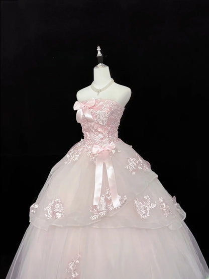 Modest Ball Gown Strapless Pink Tulle With Appliqued Lace Quince Dress Voluminous Sweet 16 Sweet Sixteen Outfits Vestido de RB7429