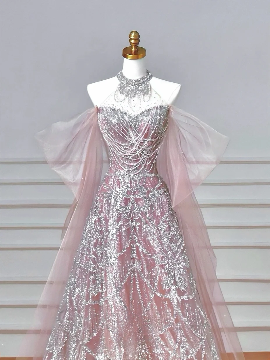 Glitter A line High Neck Pink Sequins Long Formal Fancy Prom Evening Dress Dinner Outfits Party Gowns For Teens AQ058
