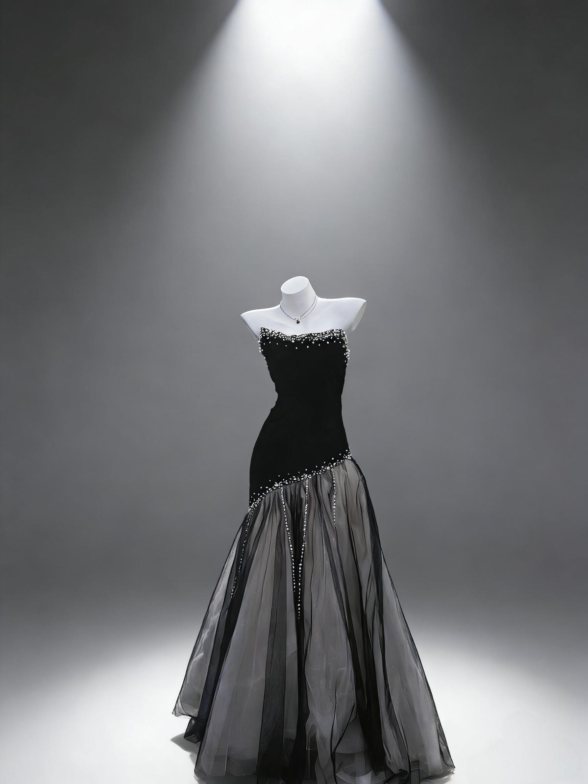 Prom Dress Sexy Mermaid Strapless Black Tulle Beaded Floor Length For Women Graduation Party Dress RC1088