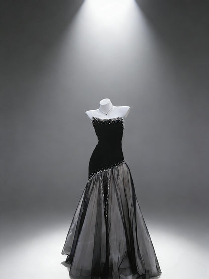 Prom Dress Sexy Mermaid Strapless Black Tulle Beaded Floor Length For Women Graduation Party Dress RC1088