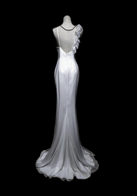 Modest Mermaid Spaghetti Strap White Chiffon Long Evening Dresses Inspo Senior Night Dance Prom Dress AS059