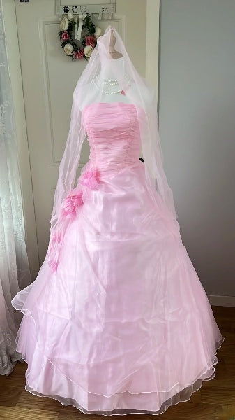 Princess Wedding Dress Ball Gown Strapless Pink With 3D Flowers Bridal Gown for Big Day RC0430