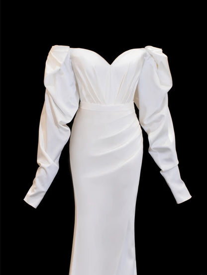 Wedding Gowns Dresses Romantic Mermaid for Bride Off The Shoulder With Sleeves Satin White Petite/Plus Size Bridal Gown For Women SA059