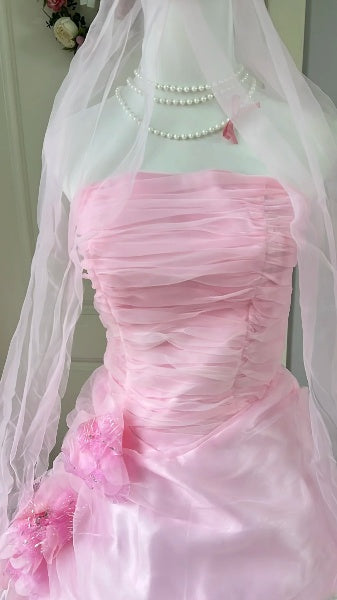 Princess Wedding Dress Ball Gown Strapless Pink With 3D Flowers Bridal Gown for Big Day RC0430