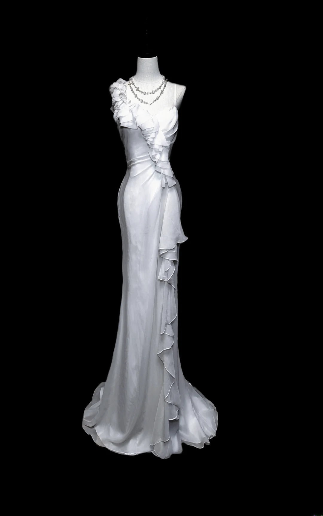 Modest Mermaid Spaghetti Strap White Chiffon Long Evening Dresses Inspo Senior Night Dance Prom Dress AS059