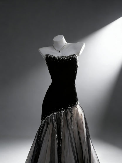 Prom Dress Sexy Mermaid Strapless Black Tulle Beaded Floor Length For Women Graduation Party Dress RC1088