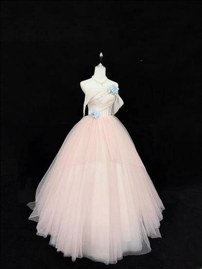 Modest Ball Gown Strapless Blush Pink Tulle With Blue Flowers Quince Dress Voluminous Sweet 16 Sweet Sixteen Outfits Vestido de RB7430