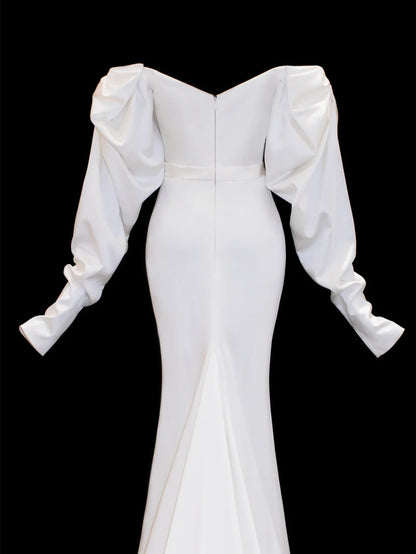 Wedding Gowns Dresses Romantic Mermaid for Bride Off The Shoulder With Sleeves Satin White Petite/Plus Size Bridal Gown For Women SA059