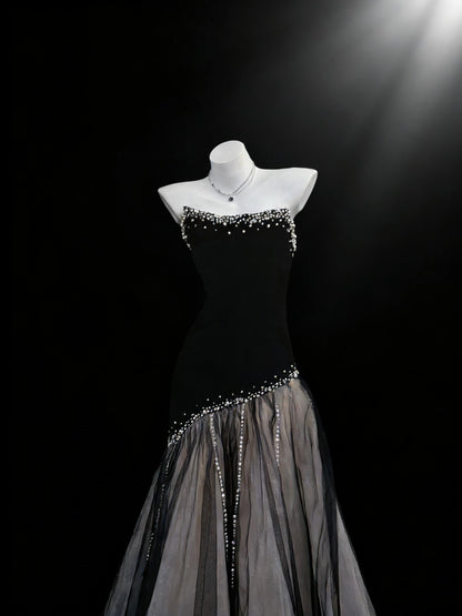 Prom Dress Sexy Mermaid Strapless Black Tulle Beaded Floor Length For Women Graduation Party Dress RC1088