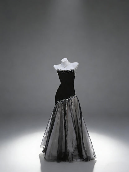 Prom Dress Sexy Mermaid Strapless Black Tulle Beaded Floor Length For Women Graduation Party Dress RC1088
