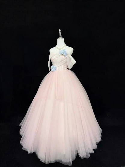 Modest Ball Gown Strapless Blush Pink Tulle With Blue Flowers Quince Dress Voluminous Sweet 16 Sweet Sixteen Outfits Vestido de RB7430
