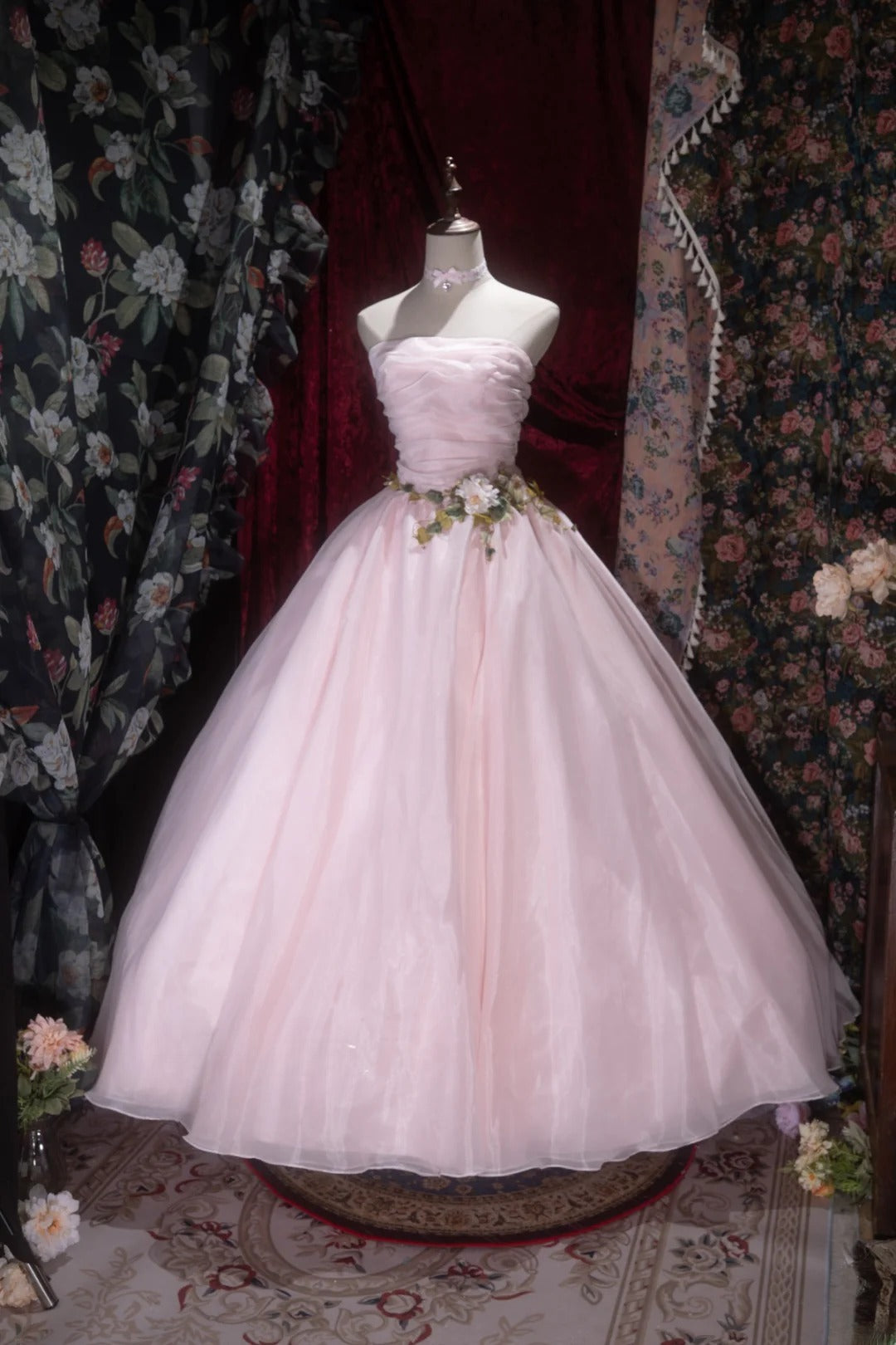 Elegant Ball Gown Strapless Pink Tulle With Flowers Long Quince Dress Quinceanera Dresses Formal Birthday Outfits RB8082