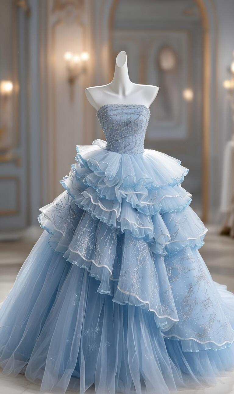 Pretty Quinceanera Dress Ball Gown Strapless Blue Tulle With Tiered Layers 16th Birthday Party Outfit RC1093