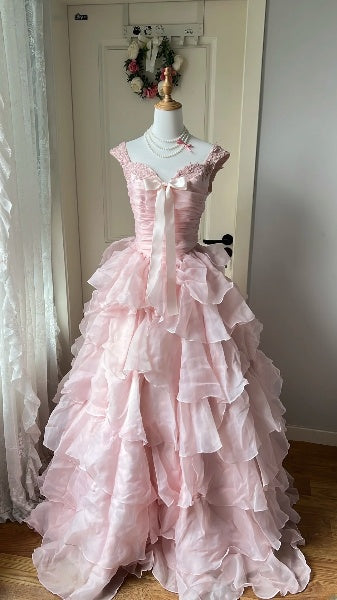 Pink Prom Dress Long Ball Gown Sweetheart With Tiered Layers Formal Party Gown For Teens Women RC0431
