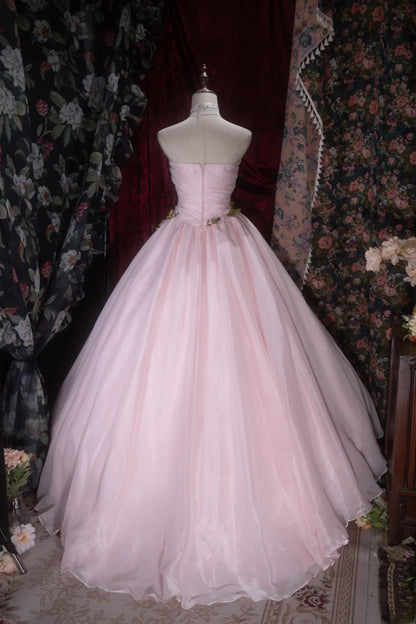 Elegant Ball Gown Strapless Pink Tulle With Flowers Long Quince Dress Quinceanera Dresses Formal Birthday Outfits RB8082