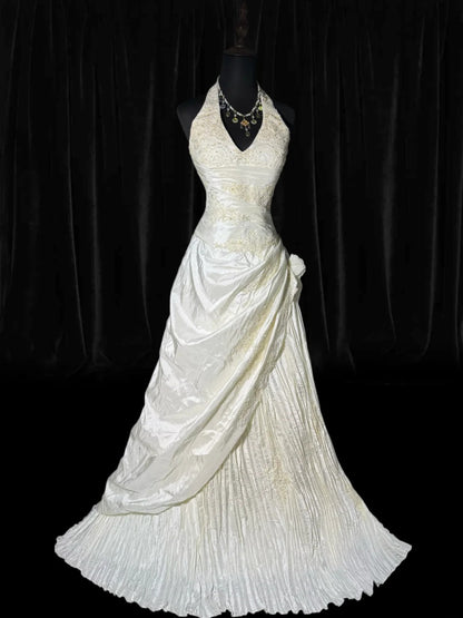 Timeless Long Wedding Gowns 70s Ideas Classy A line Halter Dresses Bohemian Style for Bride With Fitted Pleated Bridal Gown AS060