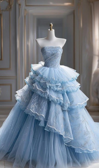 Pretty Quinceanera Dress Ball Gown Strapless Blue Tulle With Tiered Layers 16th Birthday Party Outfit RC1093