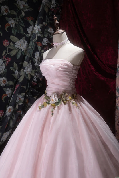 Elegant Ball Gown Strapless Pink Tulle With Flowers Long Quince Dress Quinceanera Dresses Formal Birthday Outfits RB8082