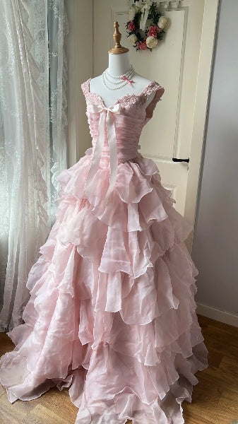 Pink Prom Dress Long Ball Gown Sweetheart With Tiered Layers Formal Party Gown For Teens Women RC0431