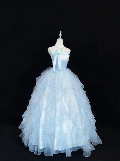 Stunning Ball Gown Strapless Blue Tulle With Tiered Layers Quince Dress Voluminous Sweet 16 Sweet Sixteen Outfits Vestido de RB7431