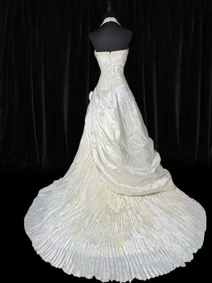 Timeless Long Wedding Gowns 70s Ideas Classy A line Halter Dresses Bohemian Style for Bride With Fitted Pleated Bridal Gown AS060