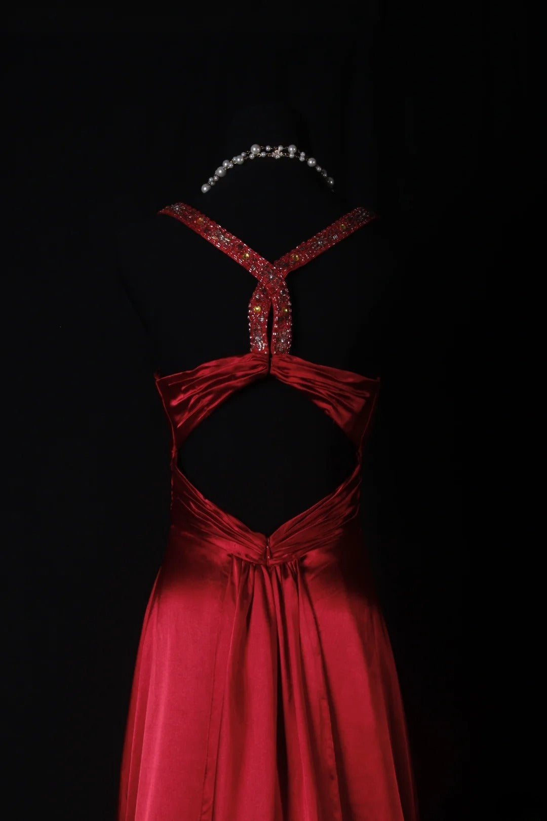 Vintage Sheath V Neck Backless Satin Red Party Dress With Beads 1950s Retro Classy Birthday Dinner Long Prom Dresses AS060