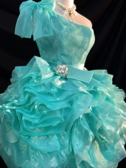 Pretty Ball Gown One Shoulder Blue Mini Graduation Dresses Short Sequin Inspo Senior Homecoming Outfits RB3461