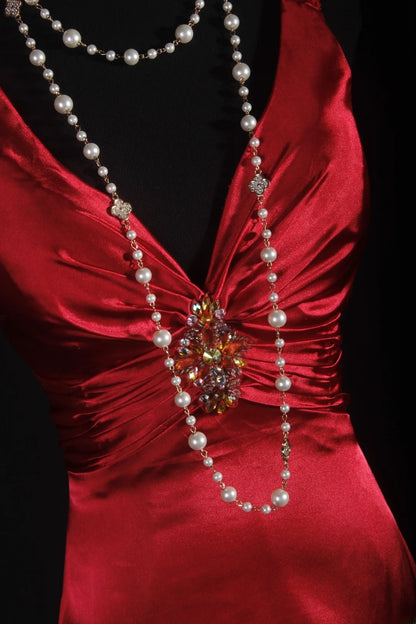 Vintage Sheath V Neck Backless Satin Red Party Dress With Beads 1950s Retro Classy Birthday Dinner Long Prom Dresses AS060