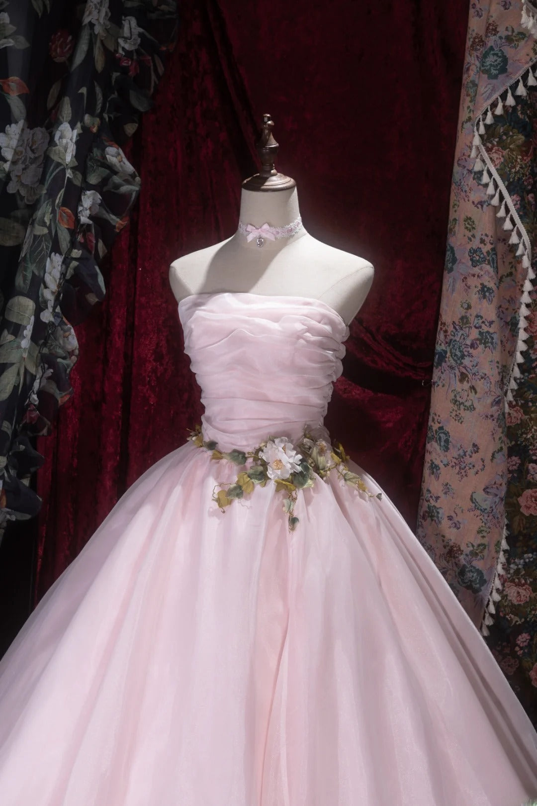 Elegant Ball Gown Strapless Pink Tulle With Flowers Long Quince Dress Quinceanera Dresses Formal Birthday Outfits RB8082