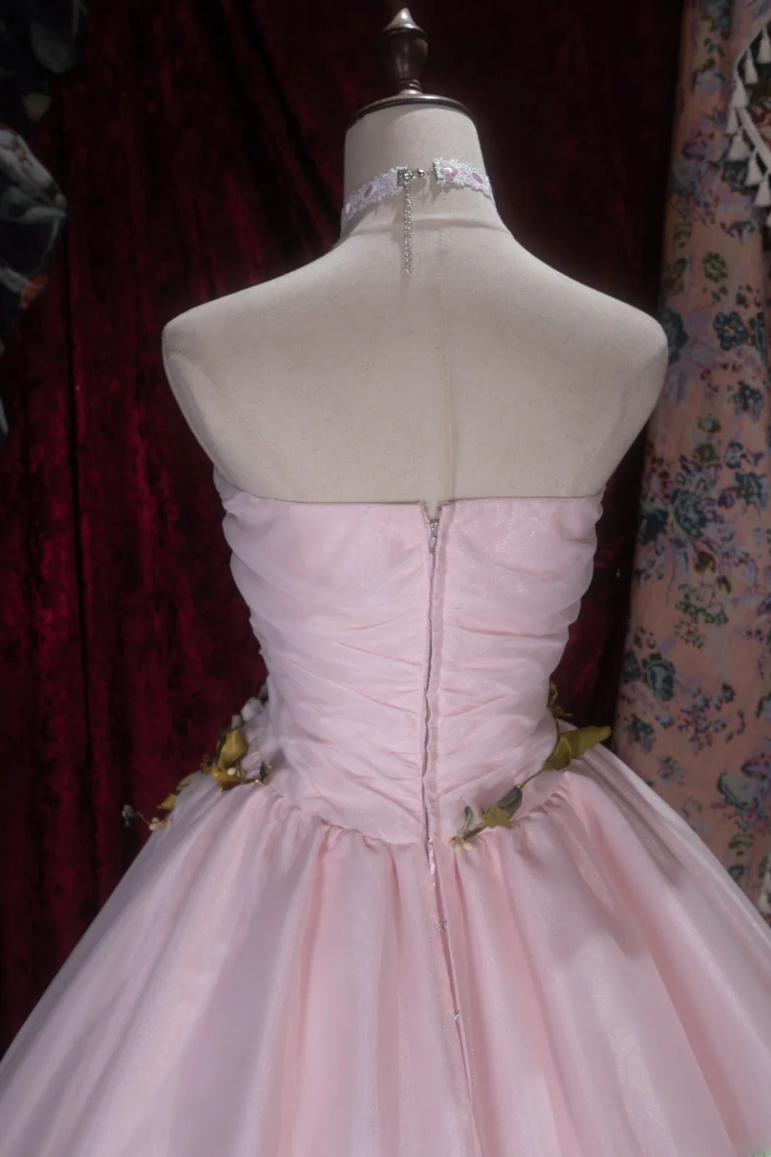 Elegant Ball Gown Strapless Pink Tulle With Flowers Long Quince Dress Quinceanera Dresses Formal Birthday Outfits RB8082