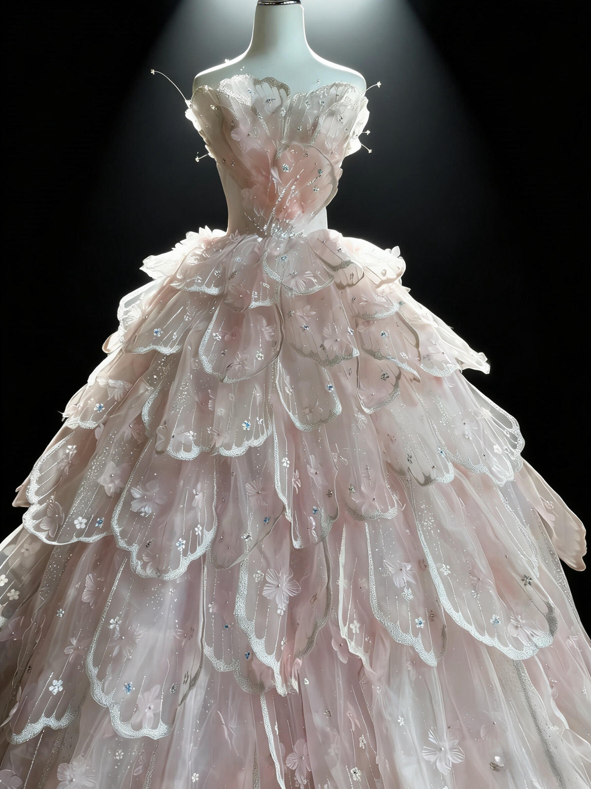 Fairy Quinceanera Dress Ball Gown Sweetheart Pink Flowers Tulle With Tiered Quince Dresses RC1090