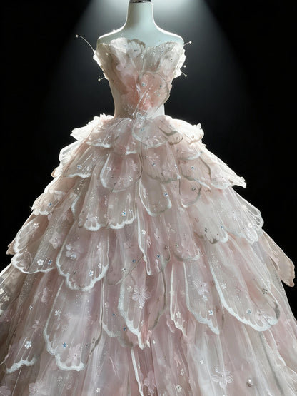 Fairy Quinceanera Dress Ball Gown Sweetheart Pink Flowers Tulle With Tiered Quince Dresses RC1090