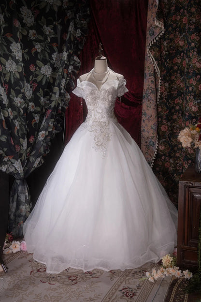 Beautiful Ball Gown Off The Shoulder White Tulle With Lace Long Autumn Brides Gown Bridal Dress Wedding Dresses RB8083