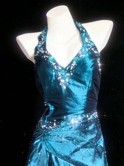 Classy Mermaid Halter Blue Taffeta With Beaded Bodice Sleeveless Long Prom Dresses Inspo For Senior Teens Birthday Outfits AS061