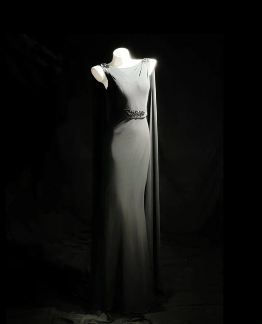 Vintage 90s Prom Dresses Mermaid Scoop Grey Chiffon Long Evening Dress Formal Outfits RB5867