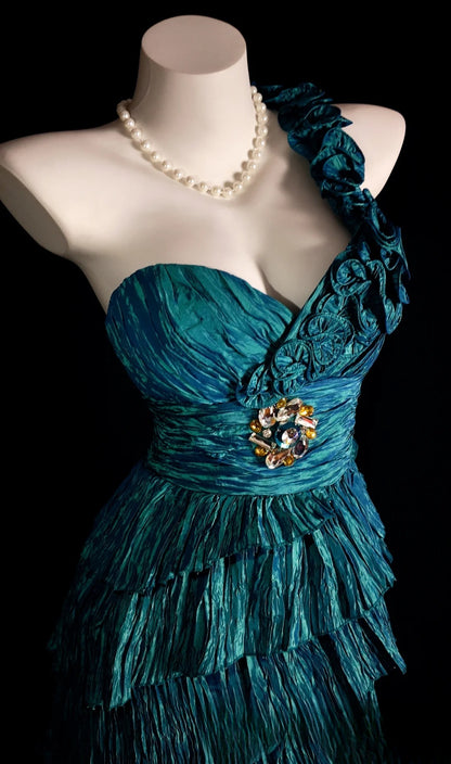 Blue Prom Dress Inspo A line One Shoulder Modest With Tiered Layered Formal Party Gown RB9862