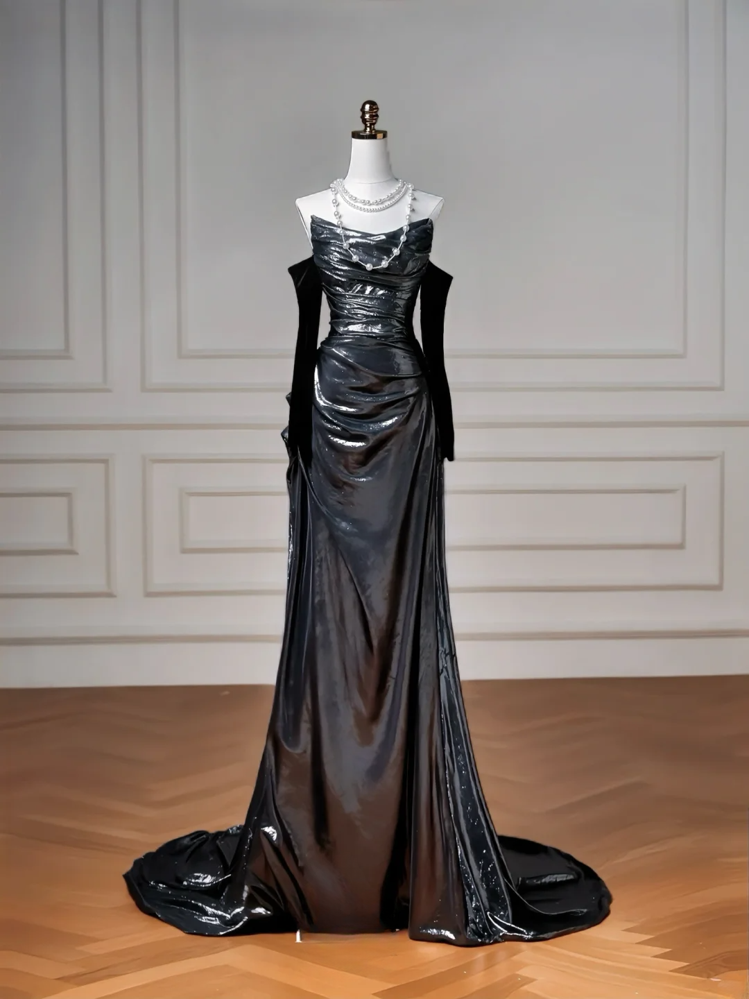 Glitter Mermaid Black Strapless With Removable Sleeves Long Formal Fancy Prom Evening Dress Dinner Outfits Party Gowns For Teens AQ061