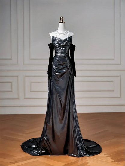 Glitter Mermaid Black Strapless With Removable Sleeves Long Formal Fancy Prom Evening Dress Dinner Outfits Party Gowns For Teens AQ061