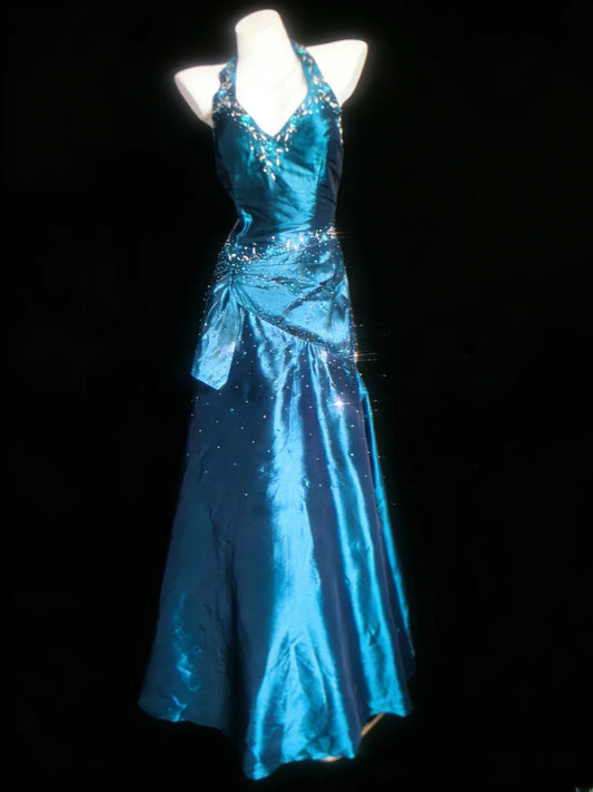 Classy Mermaid Halter Blue Taffeta With Beaded Bodice Sleeveless Long Prom Dresses Inspo For Senior Teens Birthday Outfits AS061