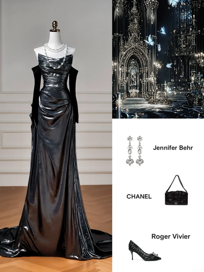 Glitter Mermaid Black Strapless With Removable Sleeves Long Formal Fancy Prom Evening Dress Dinner Outfits Party Gowns For Teens AQ061