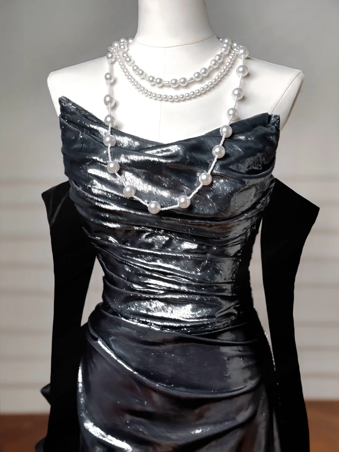 Glitter Mermaid Black Strapless With Removable Sleeves Long Formal Fancy Prom Evening Dress Dinner Outfits Party Gowns For Teens AQ061