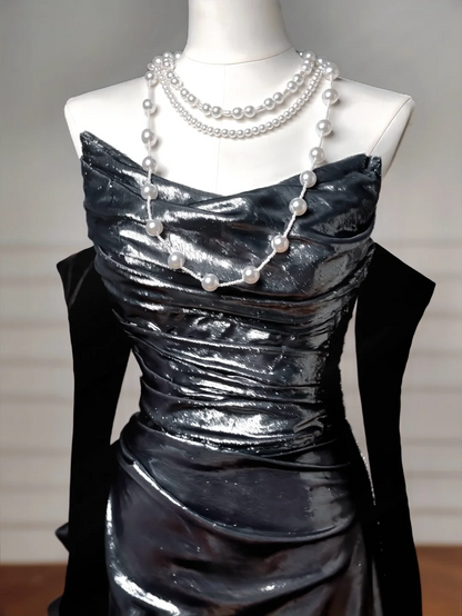 Glitter Mermaid Black Strapless With Removable Sleeves Long Formal Fancy Prom Evening Dress Dinner Outfits Party Gowns For Teens AQ061
