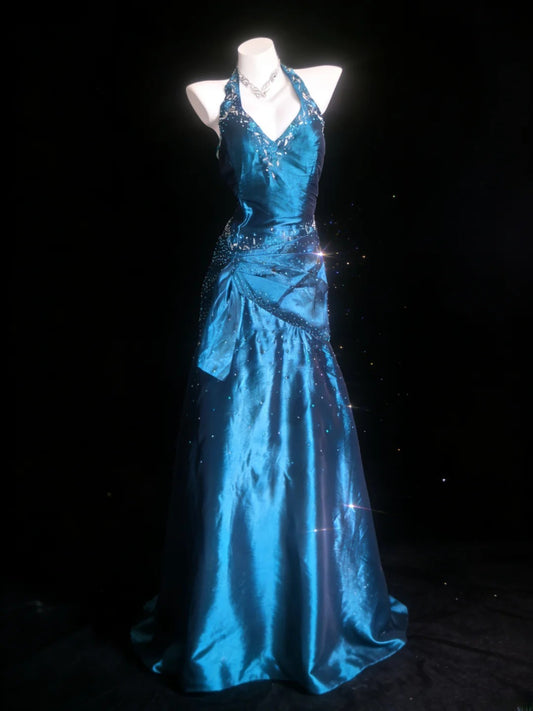 Classy Mermaid Halter Blue Taffeta With Beaded Bodice Sleeveless Long Prom Dresses Inspo For Senior Teens Birthday Outfits AS061