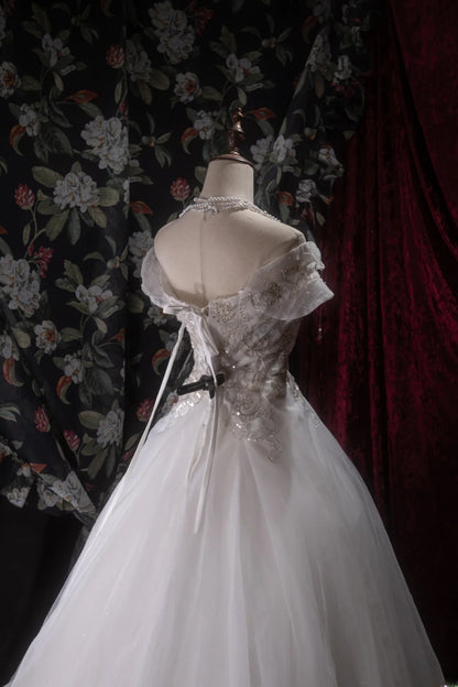 Beautiful Ball Gown Off The Shoulder White Tulle With Lace Long Autumn Brides Gown Bridal Dress Wedding Dresses RB8083