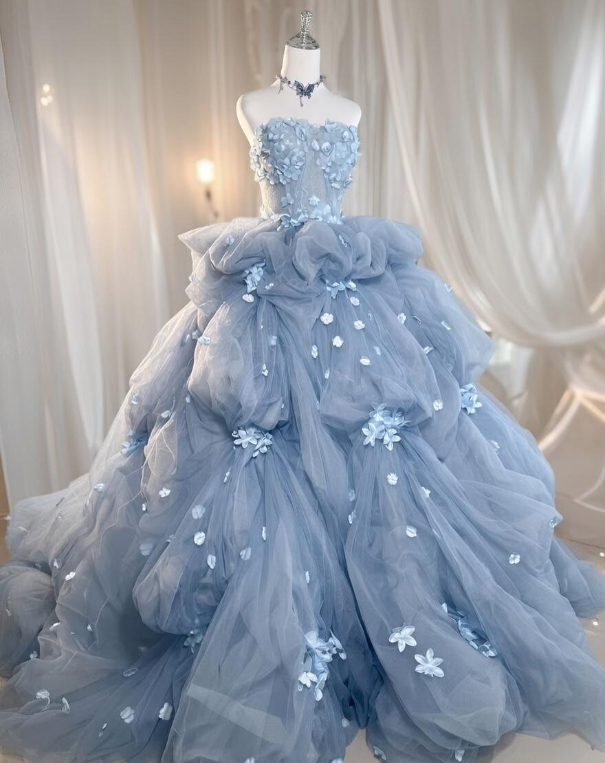 Pretty Quinceanera Dress Ball Gown Strapless Blue Tulle With Flowers Tiered Layers 16th Birthday Party Outfit RC1091
