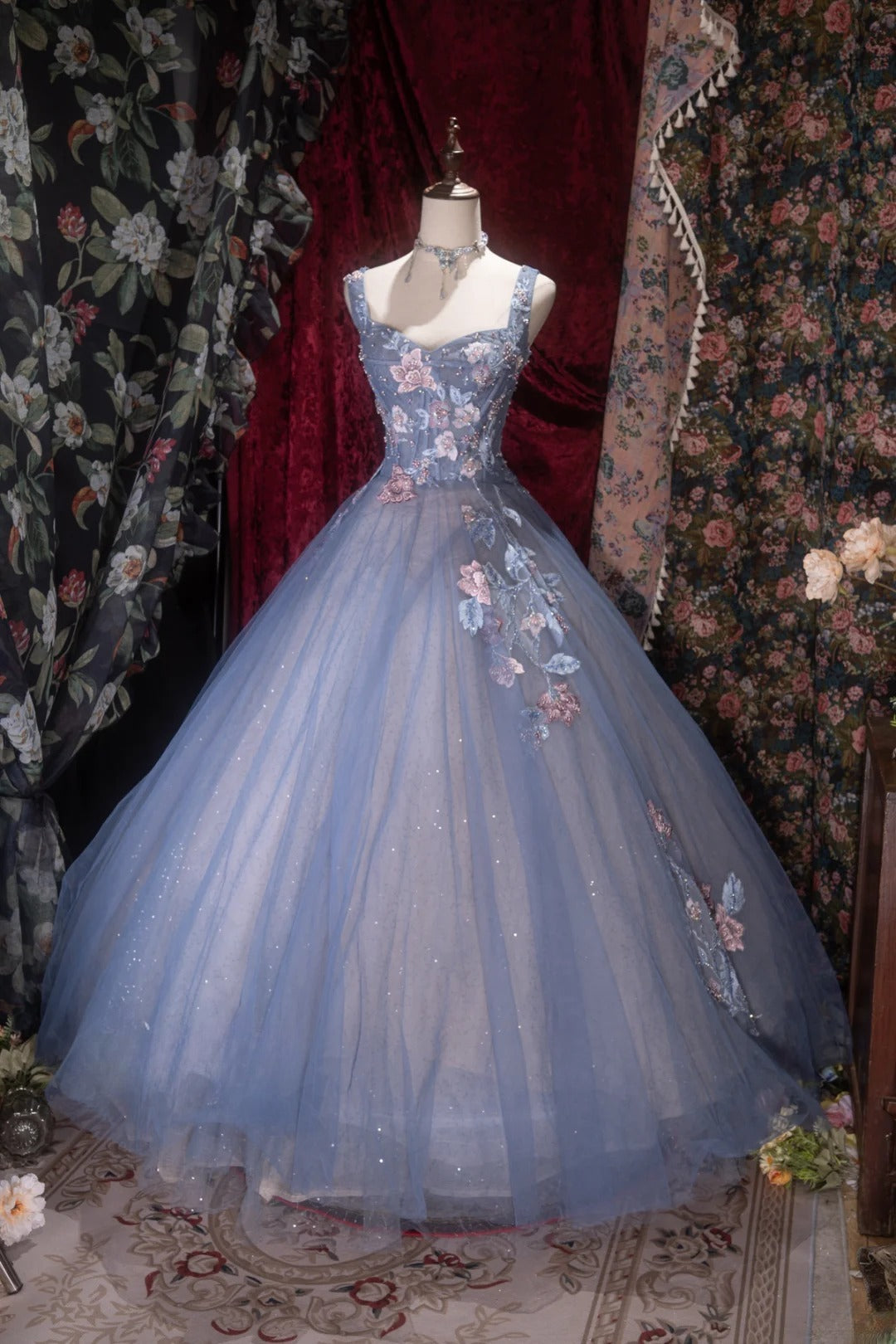 Elegant Ball Gown Straps Dusty Blue Tulle With Flowers Long Quince Dress Quinceanera Dresses Formal Birthday Outfits RB8084