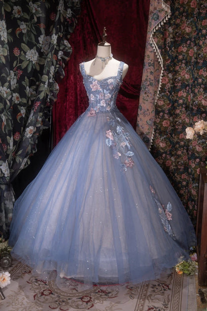 Elegant Ball Gown Straps Dusty Blue Tulle With Flowers Long Quince Dress Quinceanera Dresses Formal Birthday Outfits RB8084