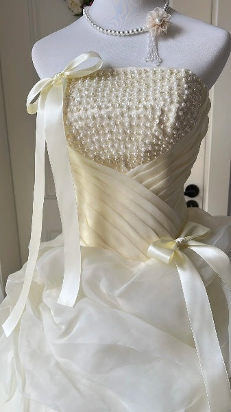 Dream Sweet 16 Dresses Long Strapless Yellow With Pearls Tiered Ball Gown Sweet Sixteen Party Birthday Gown RC0433