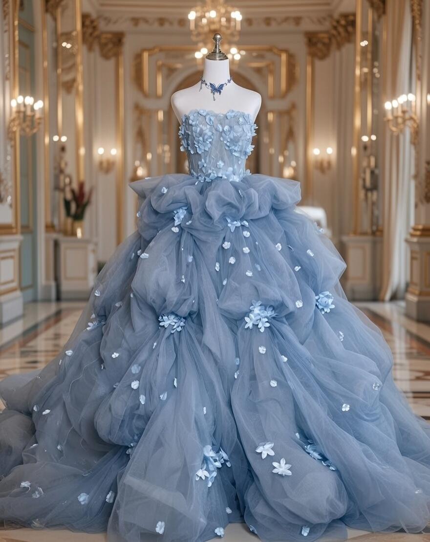 Pretty Quinceanera Dress Ball Gown Strapless Blue Tulle With Flowers Tiered Layers 16th Birthday Party Outfit RC1091